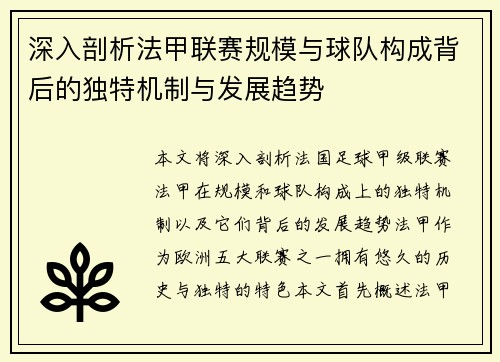 深入剖析法甲联赛规模与球队构成背后的独特机制与发展趋势